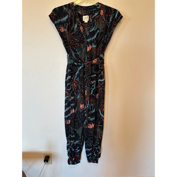 Maeve Pants - Maeve Anthropologie Tropical Botanical Print Tie Waist Jumpsuit Black XXS